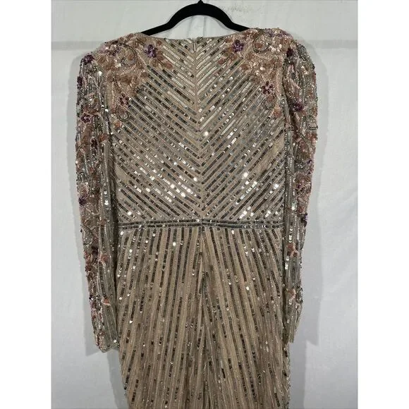 NWT $698 Mac Duggal [ 8 ] 5628 Long Sleeve Embellished Puff Sleeve‎ Gown Nude